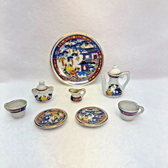 VTG 10pc Mini Chinese Porcelain Tea Set Chinoiserie Floral Design‎ Red Blue Gold - Picture 2 of 9